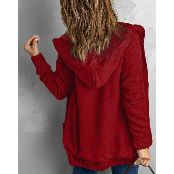 Eytino Womens Hooded Cardigan Sweater Coat Long Sleeve with Pockets Red Size M - Picture 2 of 7